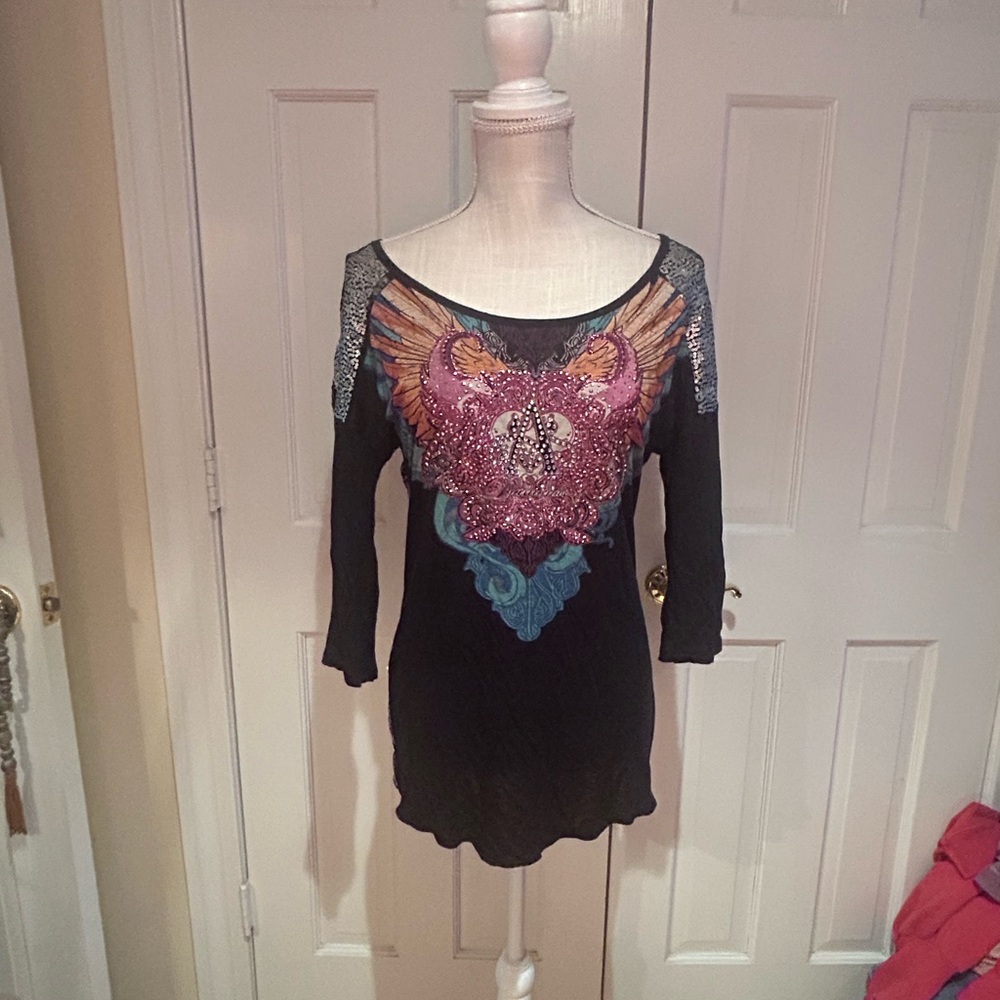 Angels & Diamonds Black Top with Pink and Blue Design. Lace Details